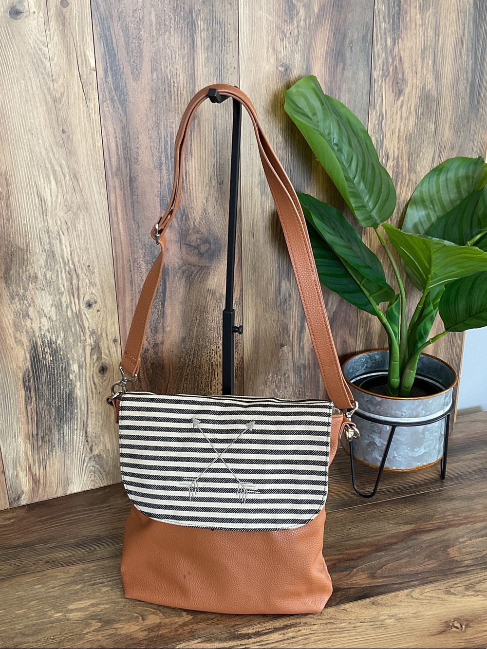 Thirty One Striped Flap Faux Leather-Accent Crossbody Bag 172J
